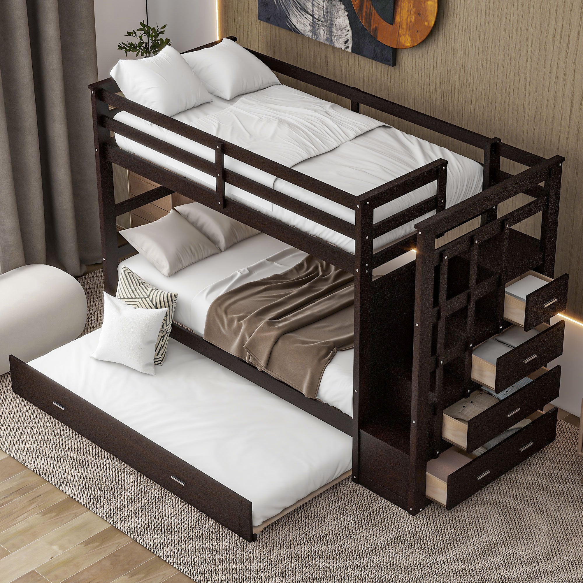 Twin Over Twin Bunk Bed with Trundle and Staircase,Espresso(OLD SKU:LT000068AAP) - Atlantic Fine Furniture Melbourne FL