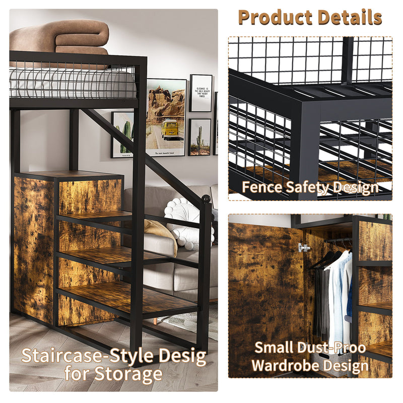 Full Size Loft Bed With Desk & Wardrobe Heavy Frame, Built In Staircase, Storage Rack & Shelves Gaming Bed - Black