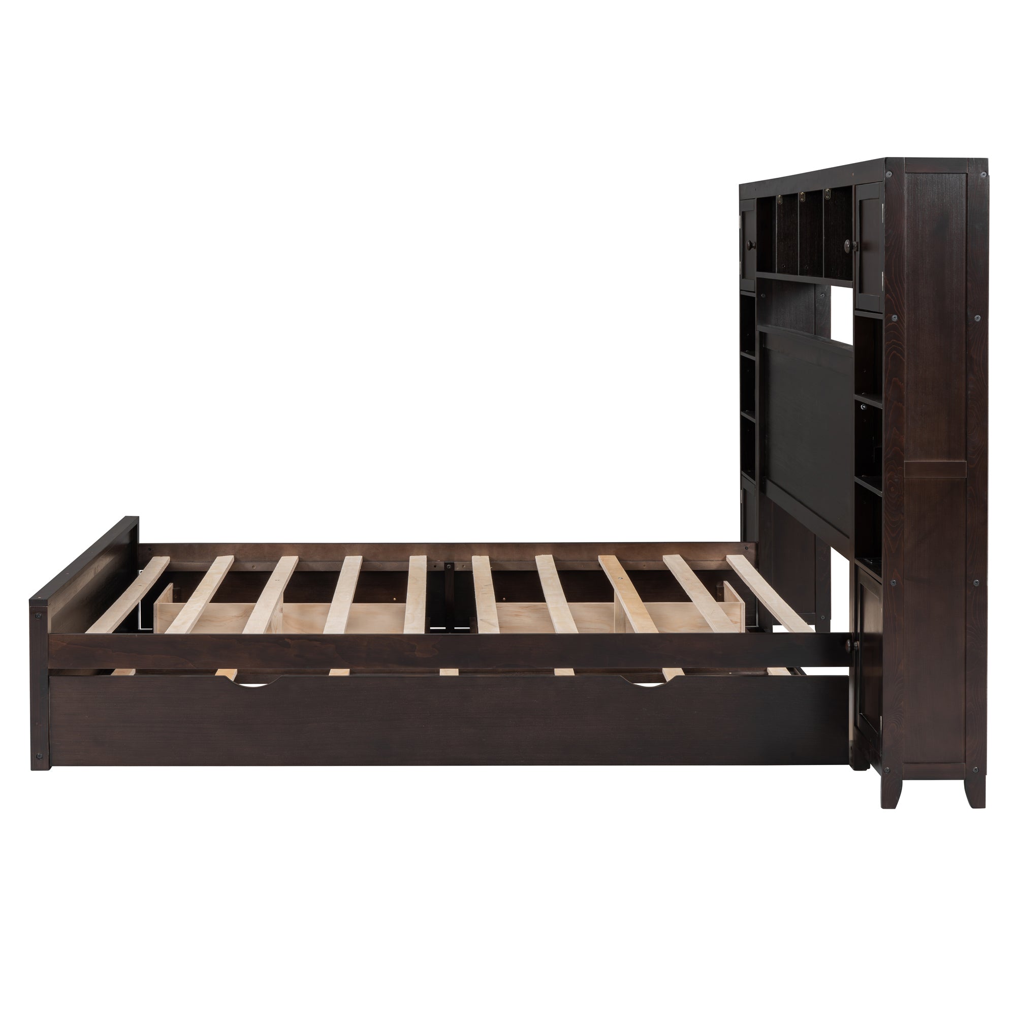 Queen Size Wooden Bed With All-in-One Cabinet, Shelf and Sockets, Espresso - Atlantic Fine Furniture Melbourne FL