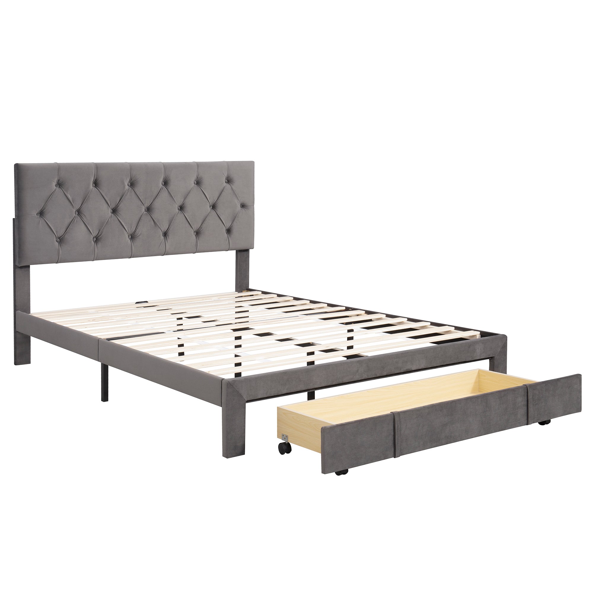 Queen Size Storage Bed Velvet Upholstered Platform Bed with a Big Drawer - Grey - Atlantic Fine Furniture Melbourne FL