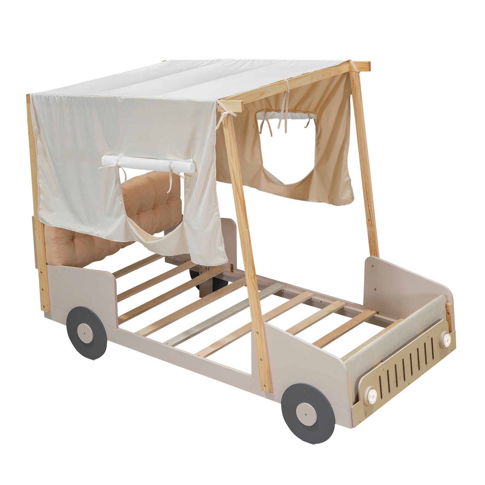 Wood Twin Size Car Bed with Pillow, Ceiling Cloth and LED, Natural - Atlantic Fine Furniture Melbourne FL