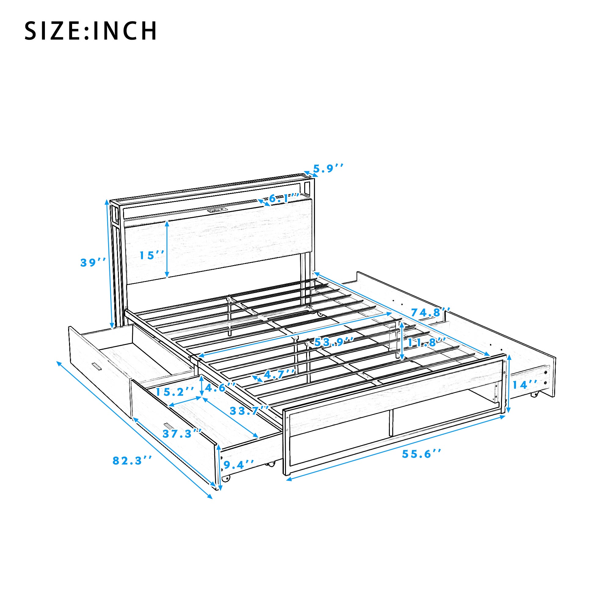 Full Size Metal Platform Bed Frame with  Four Drawers,Sockets and USB Ports ,Slat Support No Box Spring Needed Black - Atlantic Fine Furniture Melbourne FL