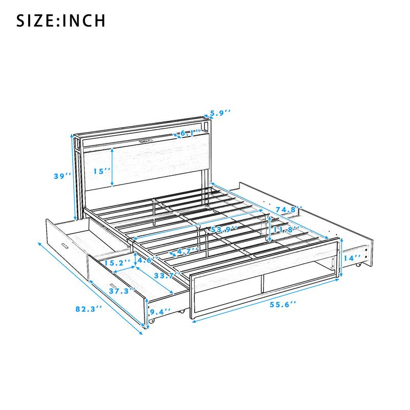 Full Size Metal Platform Bed Frame with  Four Drawers,Sockets and USB Ports ,Slat Support No Box Spring Needed Black