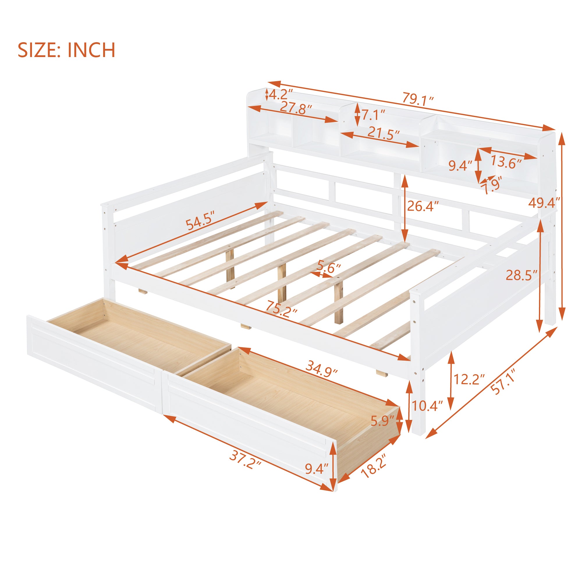 Full size Daybed, Wood Slat Support, with Bedside Shelf and Two Drawers, White - Atlantic Fine Furniture Melbourne FL