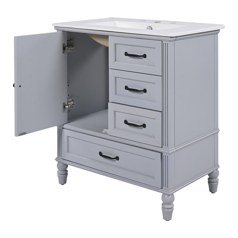 30" Bathroom Vanity With Sink, Bathroom Cabinet With A Door, 3 Drawers Legs, Adiustable Foot Pads - Gray