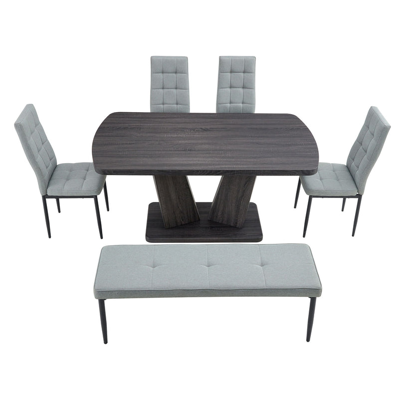 6 Piece Dining Table Set For 6, Table With V-Shaped Legs And 4 Upholstered Chairs & Bench, Modern Dining Room Set For Kitchen, Dining Room - Gray