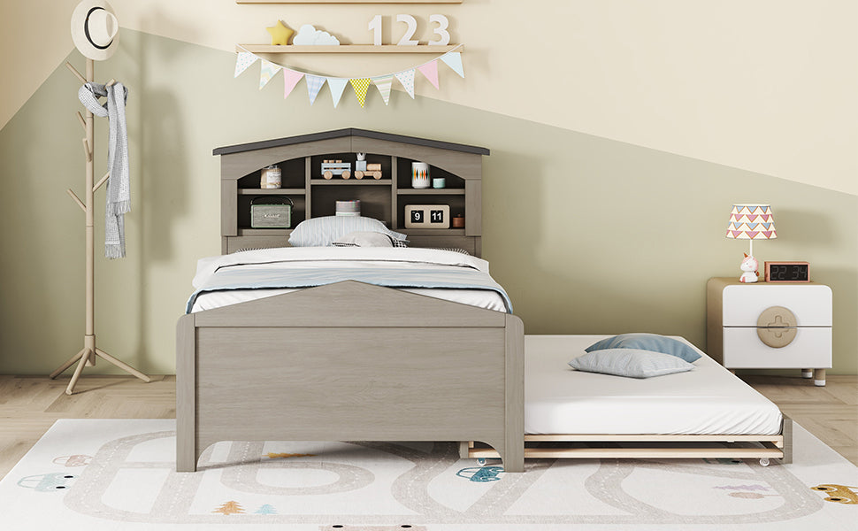 Twin Size Wood Platform Bed with House-shaped Storage Headboard and Trundle, Gray - Atlantic Fine Furniture Melbourne FL
