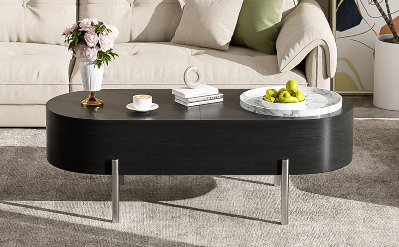 Lift Top Coffee Table With 360 Degree Marble Patterned Rotating Tray