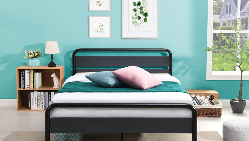 Industrial Platform Queen Bed Frame/Mattress Foundation with Rustic Headboard and Footboard, Strong Steel Slat Support, No Box Spring Needed, Noise Free, Easy Assembly