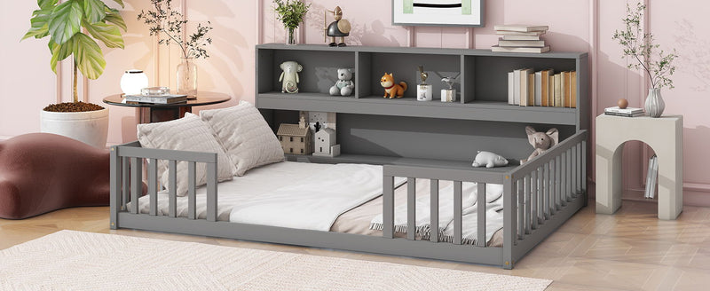 Floor Bed With Side Bookcase, Shelves, Guardrails