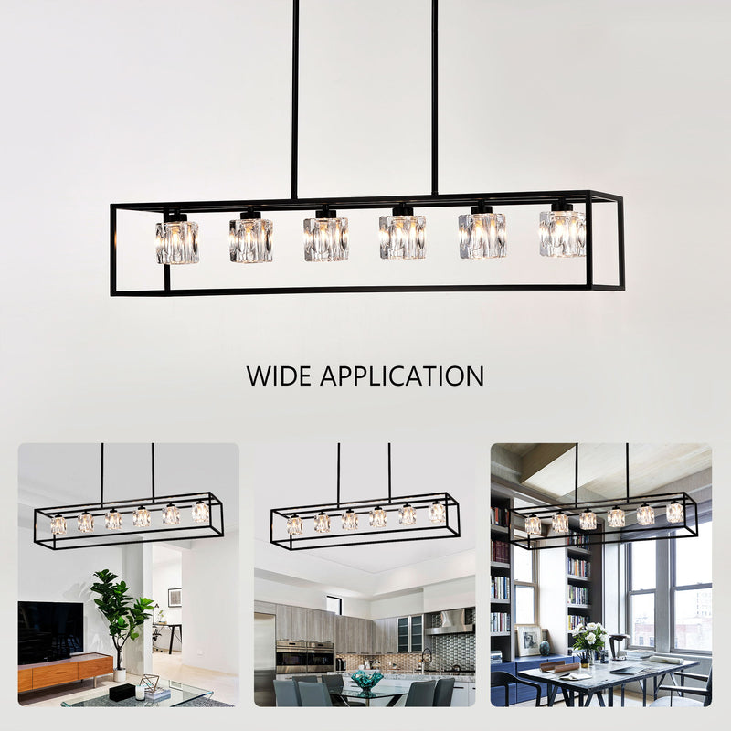 6 Light Farmhouse Chandelier, Modern Industrial Linear Rectangular Crystal Pendant Light Cage Chandelier For Dining Room, Kitchen Island, Bar, Long Table, G9*6 Bulbs Included - Matte Black