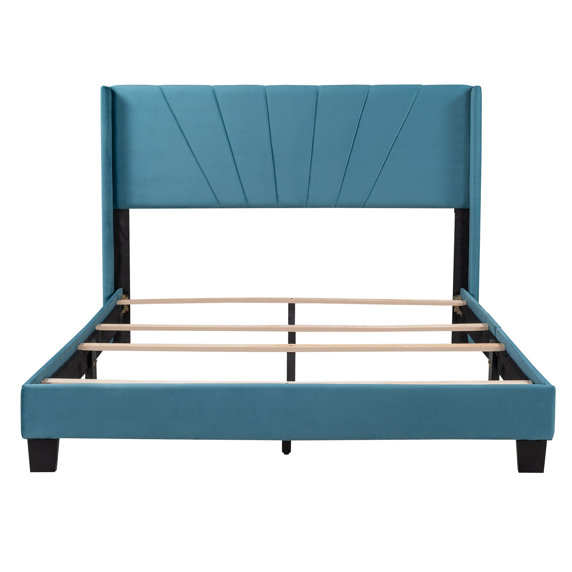 Queen Size Velvet Upholstered Platform Bed, Box Spring Needed - Blue - Atlantic Fine Furniture Melbourne FL