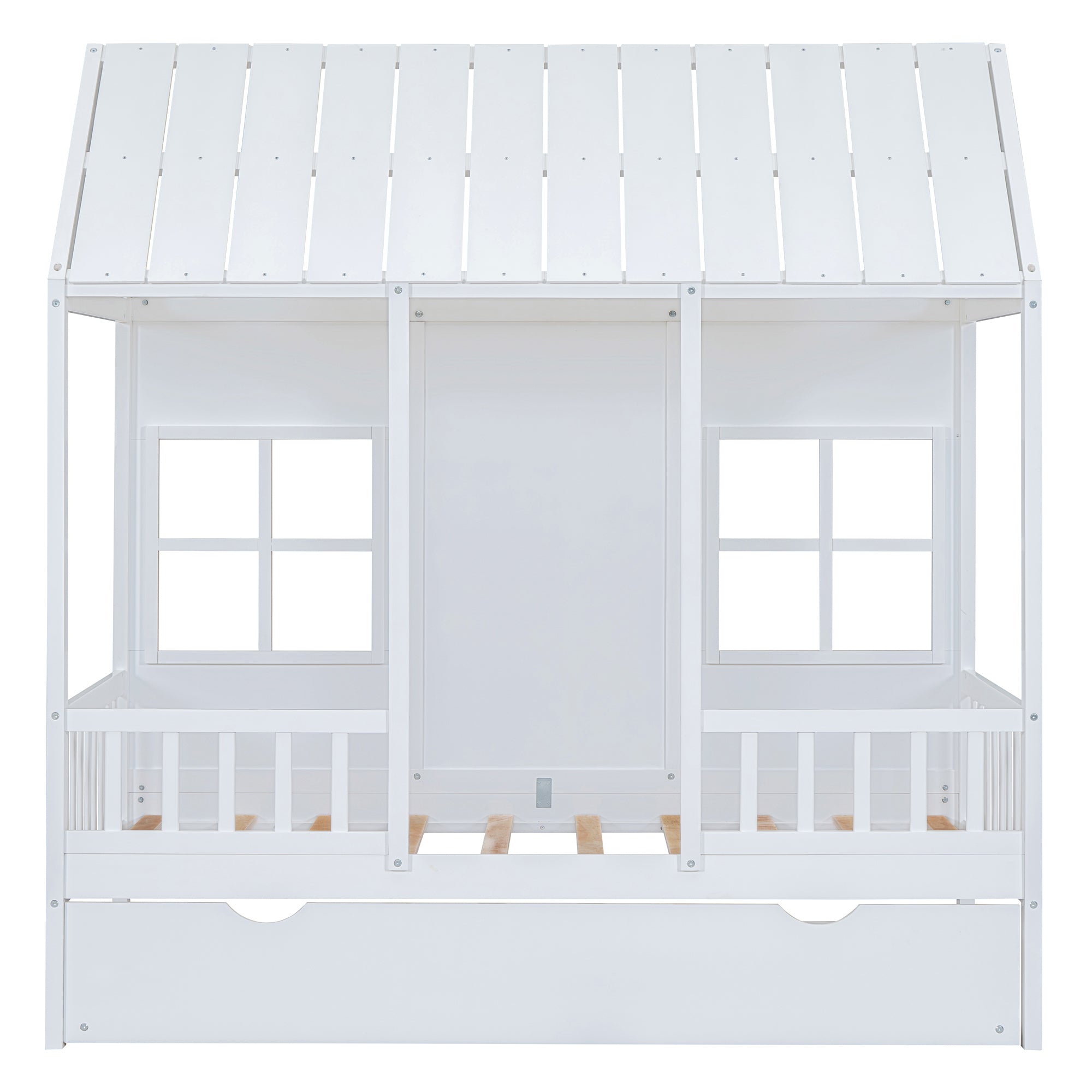 Twin Size Wood House Bed With Twin Size Trundle, Wooden Daybed, White