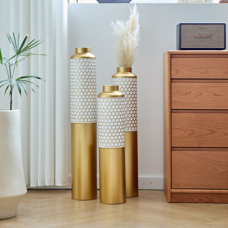 Modern Droplet Shaped Floor Vase Set Honeycomb Design, 3 Piece Metal Decorative Vases For Home Interior Display - Gold / White