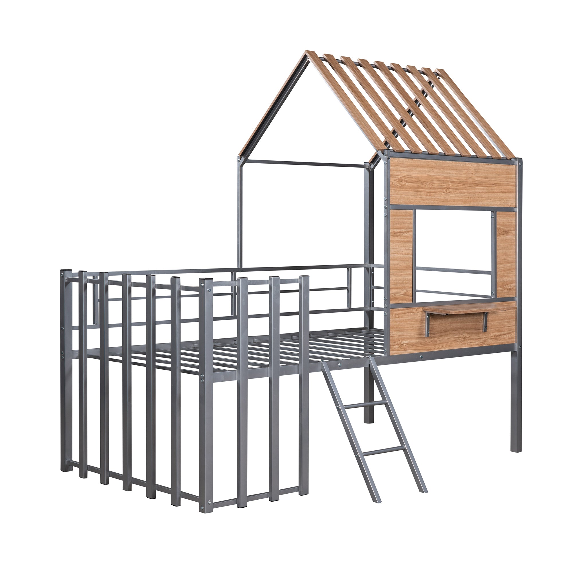 Metal Twin size Loft Bed with Roof, Window, Guardrail, Ladder Silver - Atlantic Fine Furniture Melbourne FL