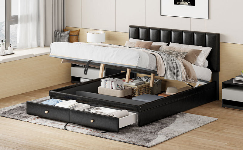 Queen Size Upholstered Bed with Hydraulic Storage System and Drawer, Black