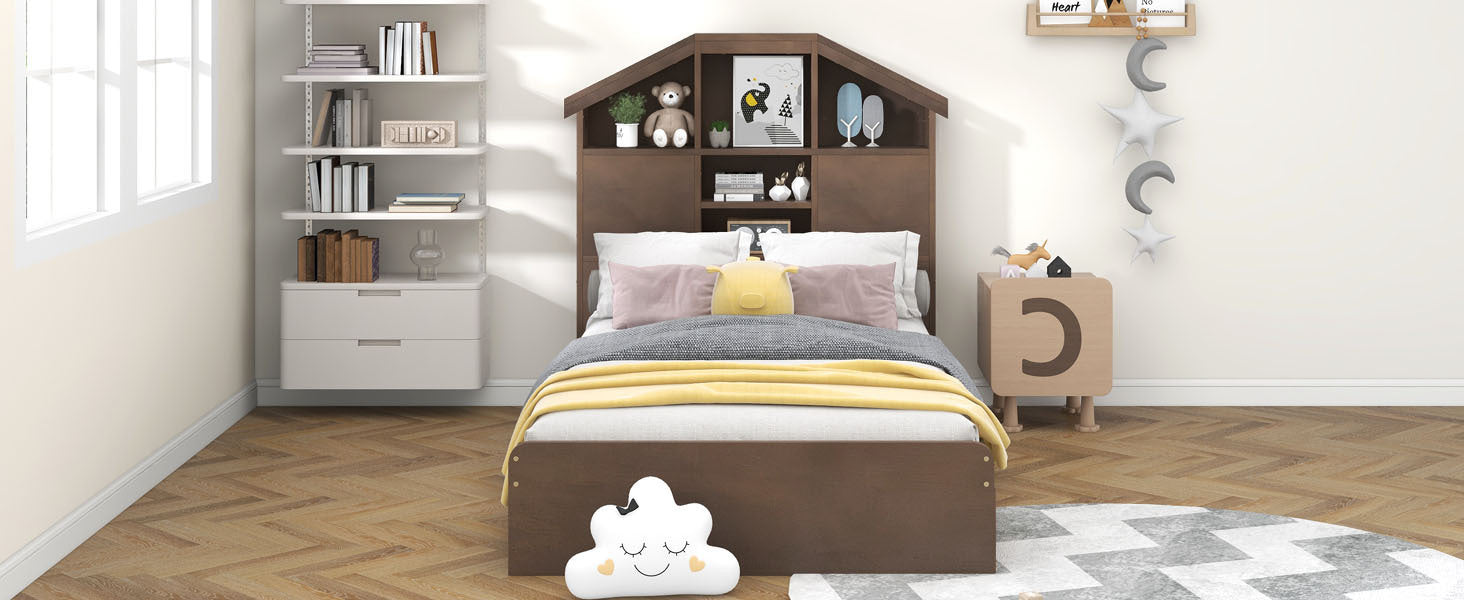 Twin Size Wood Platform Bed with House-shaped Storage Headboard and 2 Drawers, Walnut - Atlantic Fine Furniture Melbourne FL