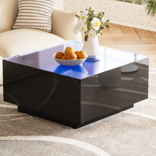 Square High Glossy Coffee Table With 16 Color Led Strip Lights, Modern Center Table With 5Mm Frosted Tempered Glass Top For Living Room