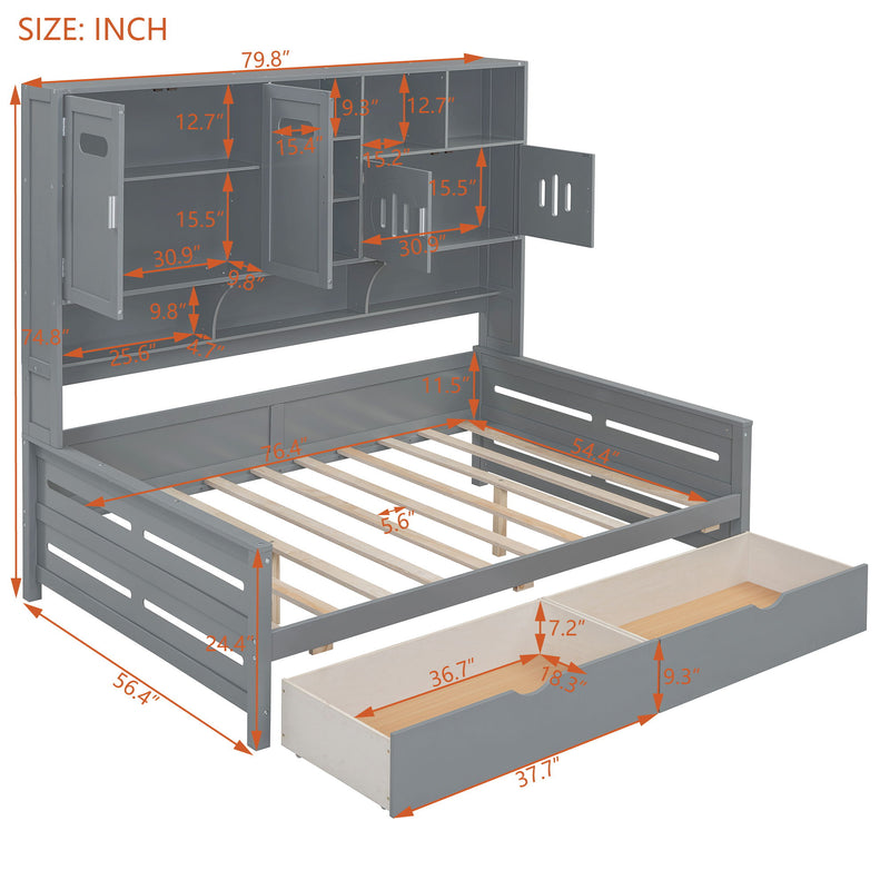 Wooden Daybed With 2 Drawers, And All-In-One Cabinet And Shelf