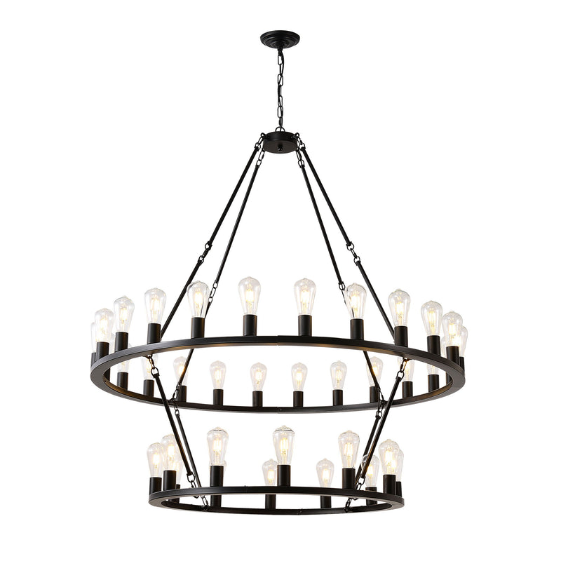 Extra Large Wagon Wheel Chandelier, 2 Tier 36 Lights (No Include) Farmhouse Industrial Round High Ceiling Pendant Light Adjustable Chain, For Dining Room, Living Room, Kitchen - Black