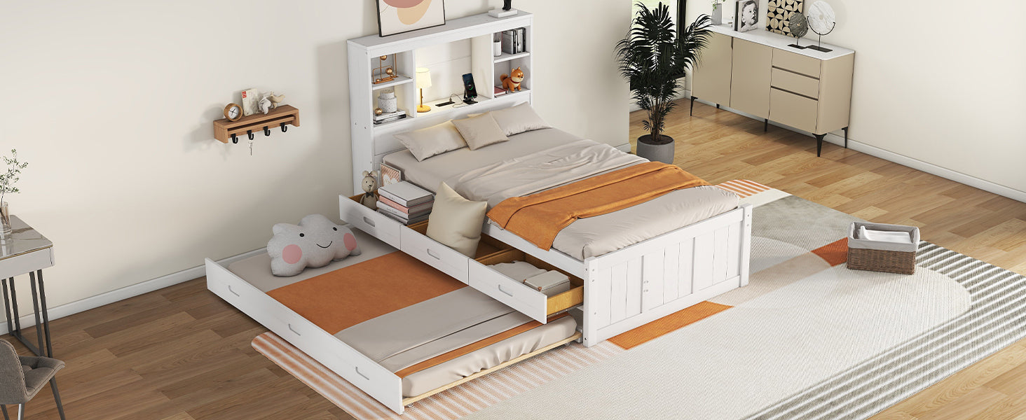 Twin Size Platform Bed with Storage Headboard, Charging Station, Twin Size Trundle and 3 Drawers, Antique White - Atlantic Fine Furniture Melbourne FL