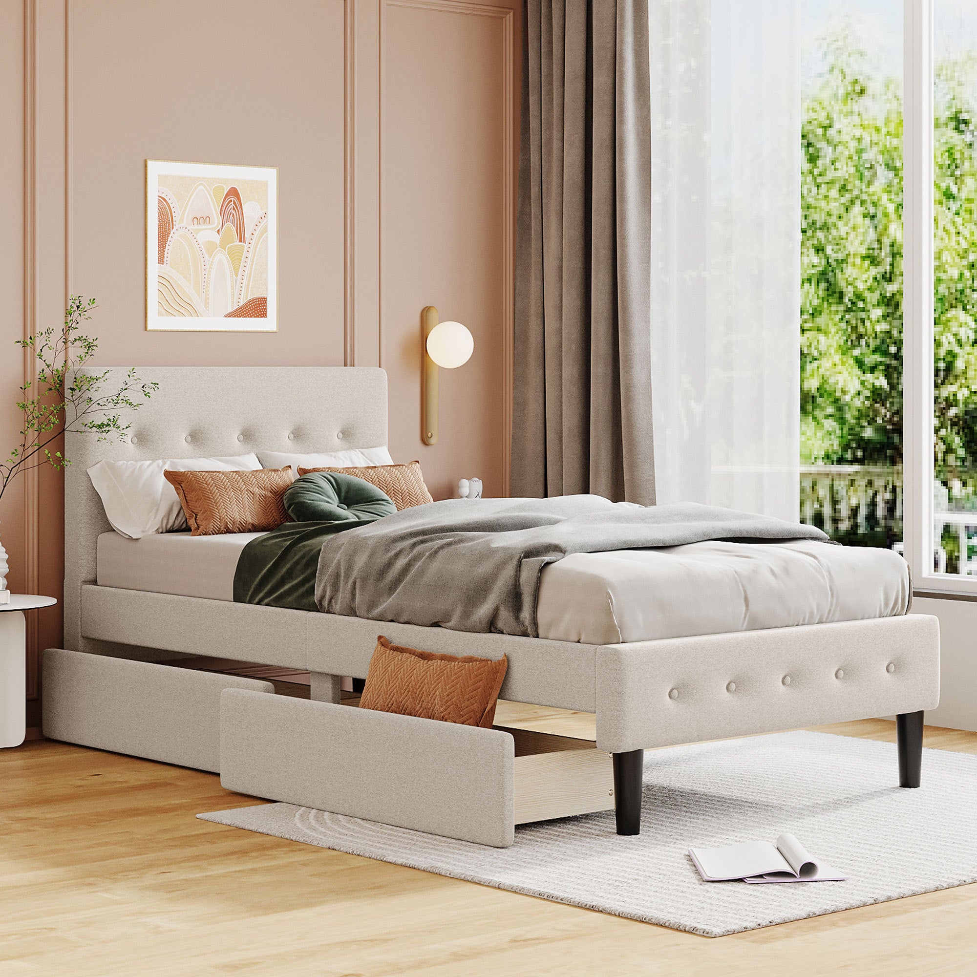 Twin Size Upholstered Platform Bed with 2 Drawers, Beige - Atlantic Fine Furniture Melbourne FL