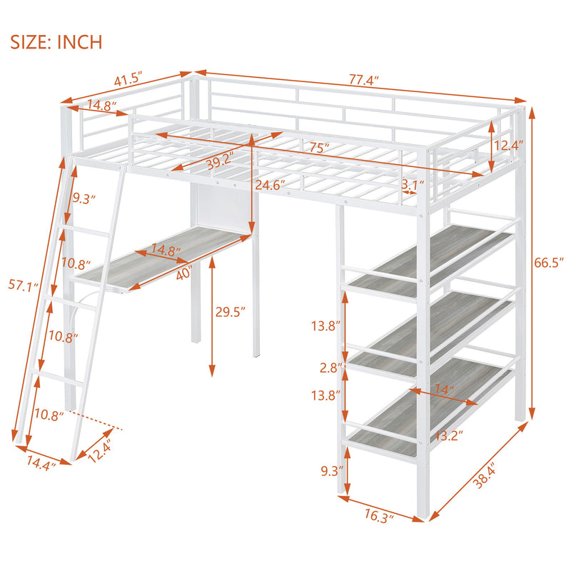 Loft Metal Bed With 3 Layers Of Shelves And Desk, Stylish Metal Frame Bed With Whiteboard