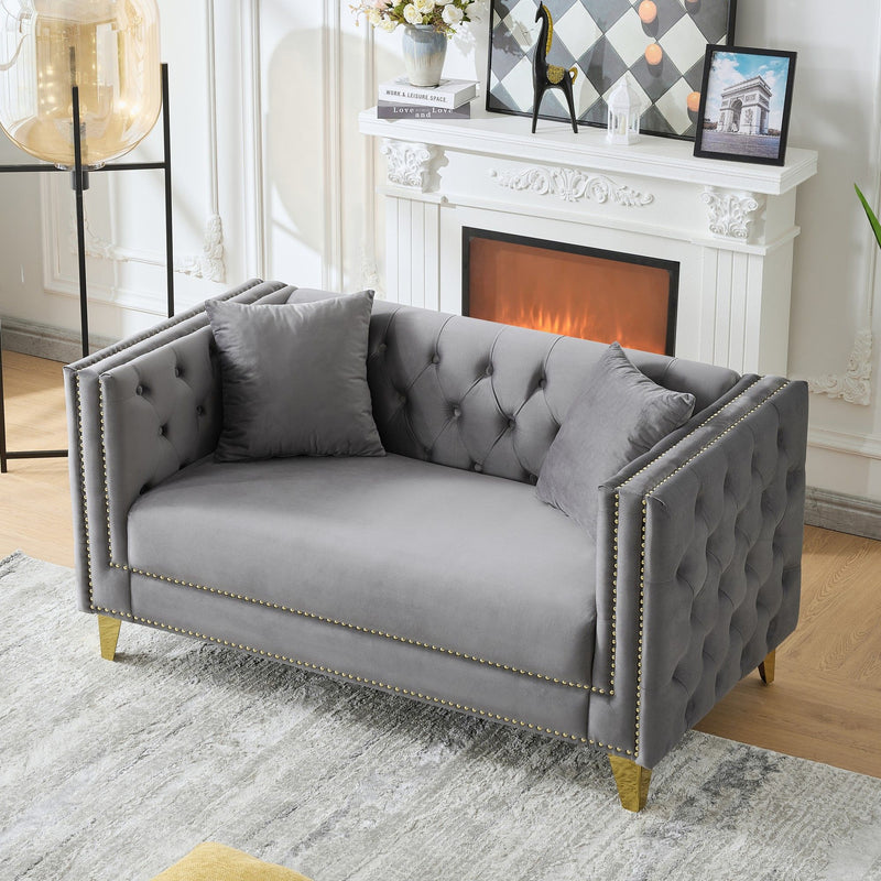 2 Seater Deep Seat Sofa, Sofa With Button Nailhead, Square Arm Couches, Furniture For Living Room - Gray