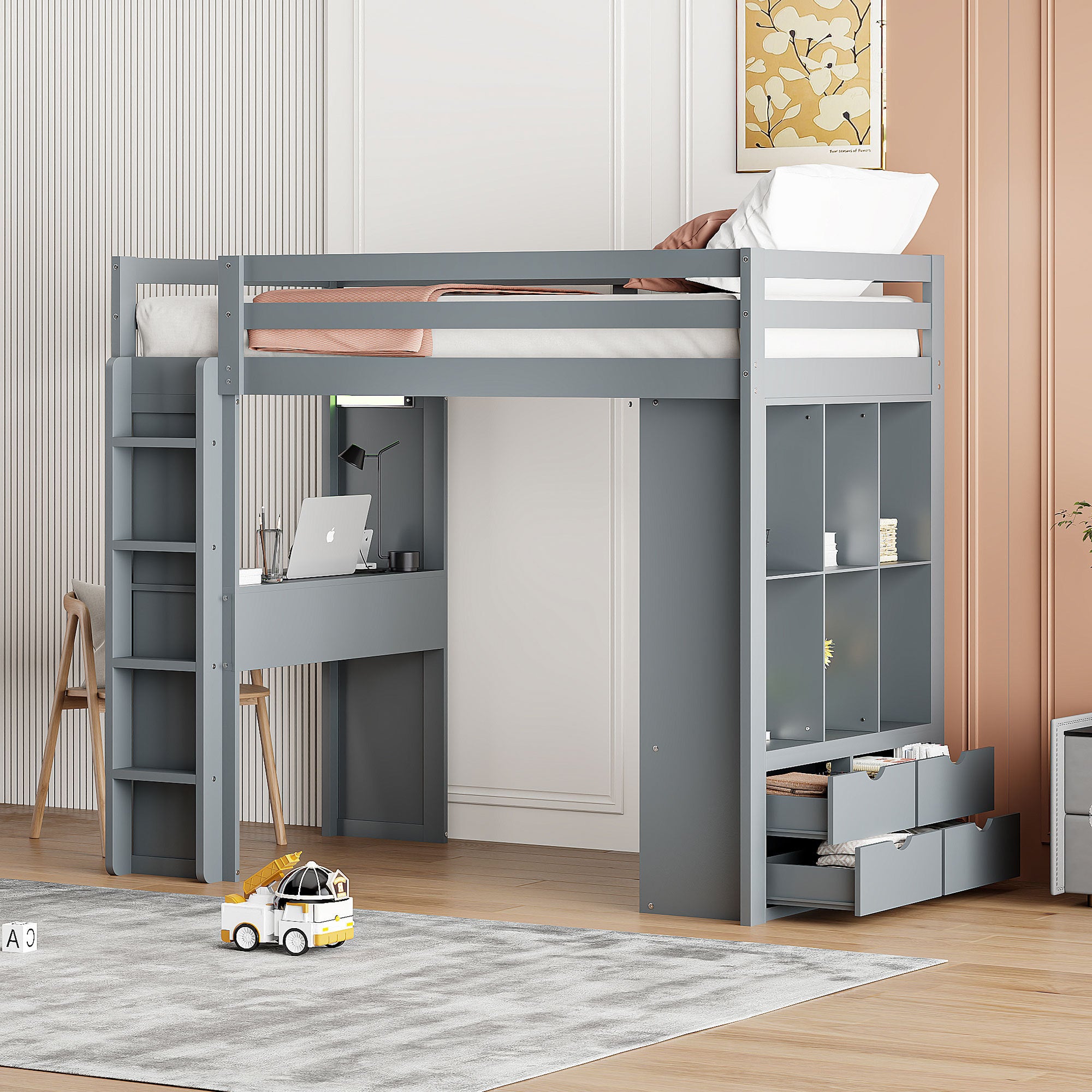 Twin Size Loft Bed with large shelves, writing desk and LED Light, Gray - Atlantic Fine Furniture Melbourne FL