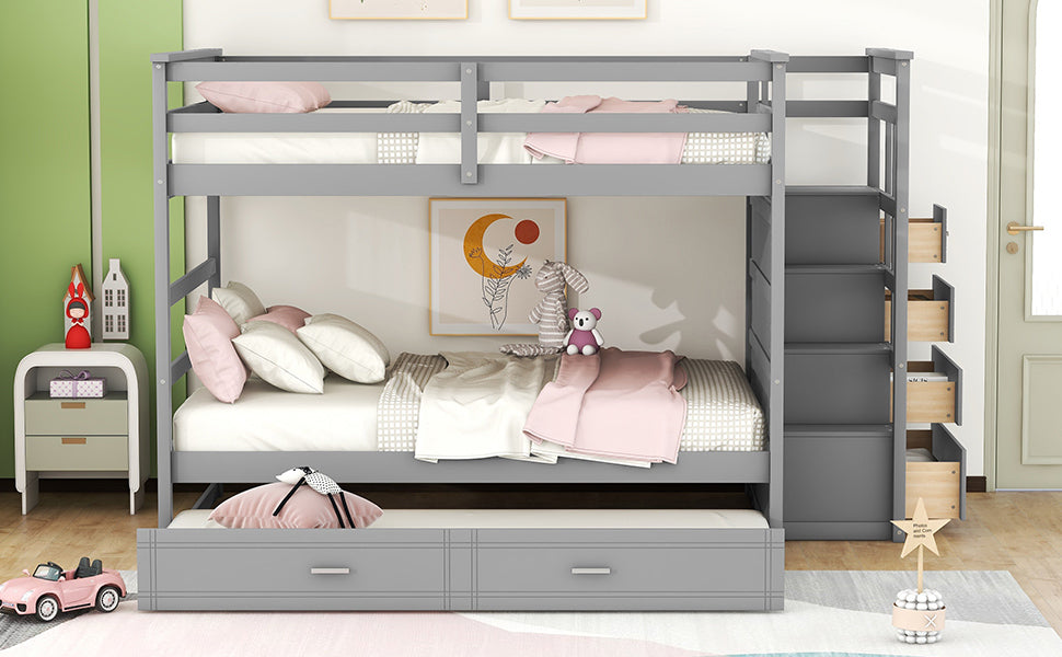 Full Over Full Bunk Bed with Twin Size Trundle and Staircase, Gray - Atlantic Fine Furniture Melbourne FL