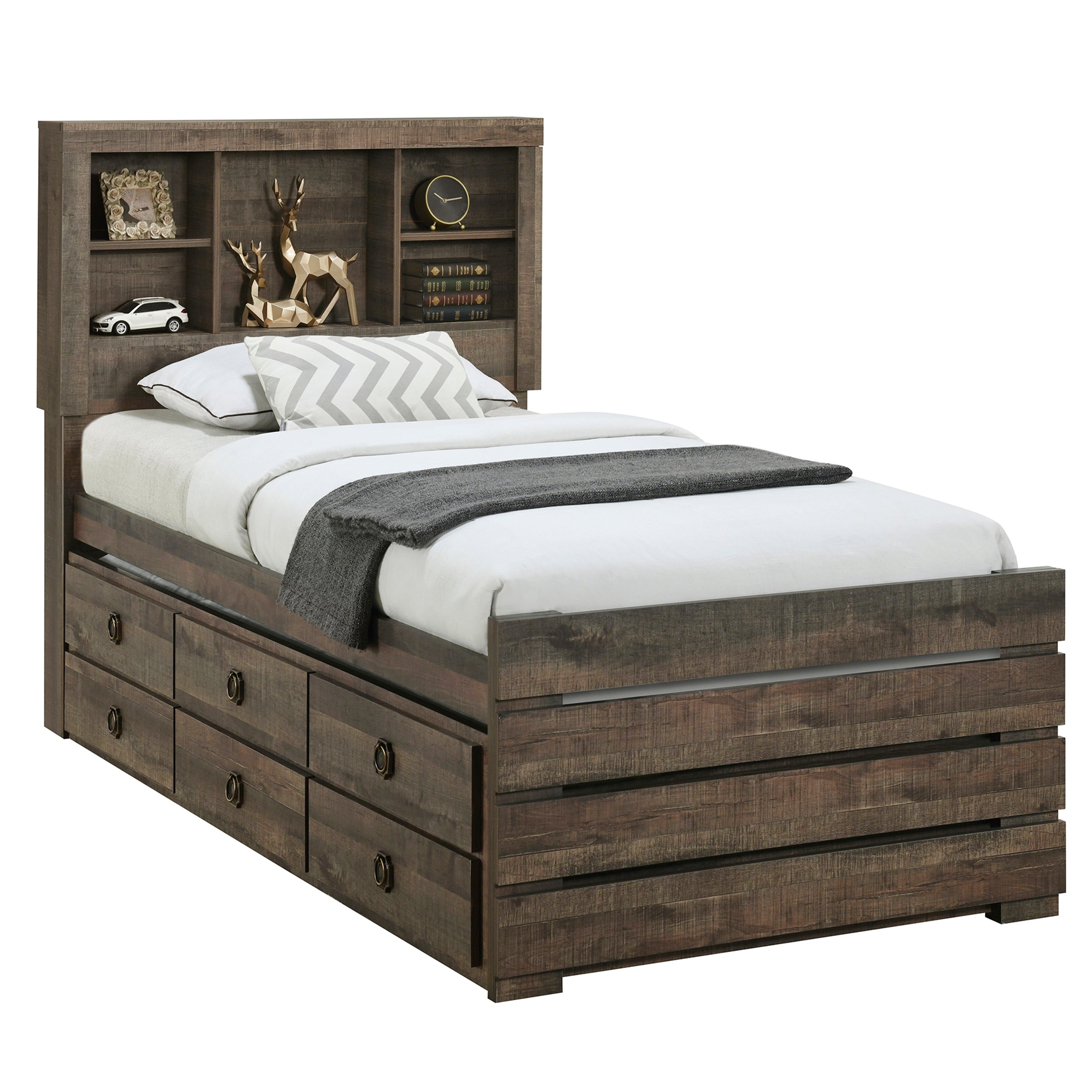 Farmhouse Style Twin Size Bookcase Captain Bed with Three Drawers and Trundle, Rustic Brown