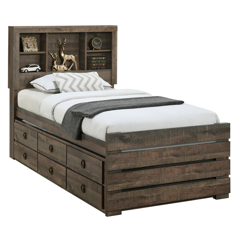 Farmhouse Style Twin Size Bookcase Captain Bed with Three Drawers and Trundle, Rustic Brown