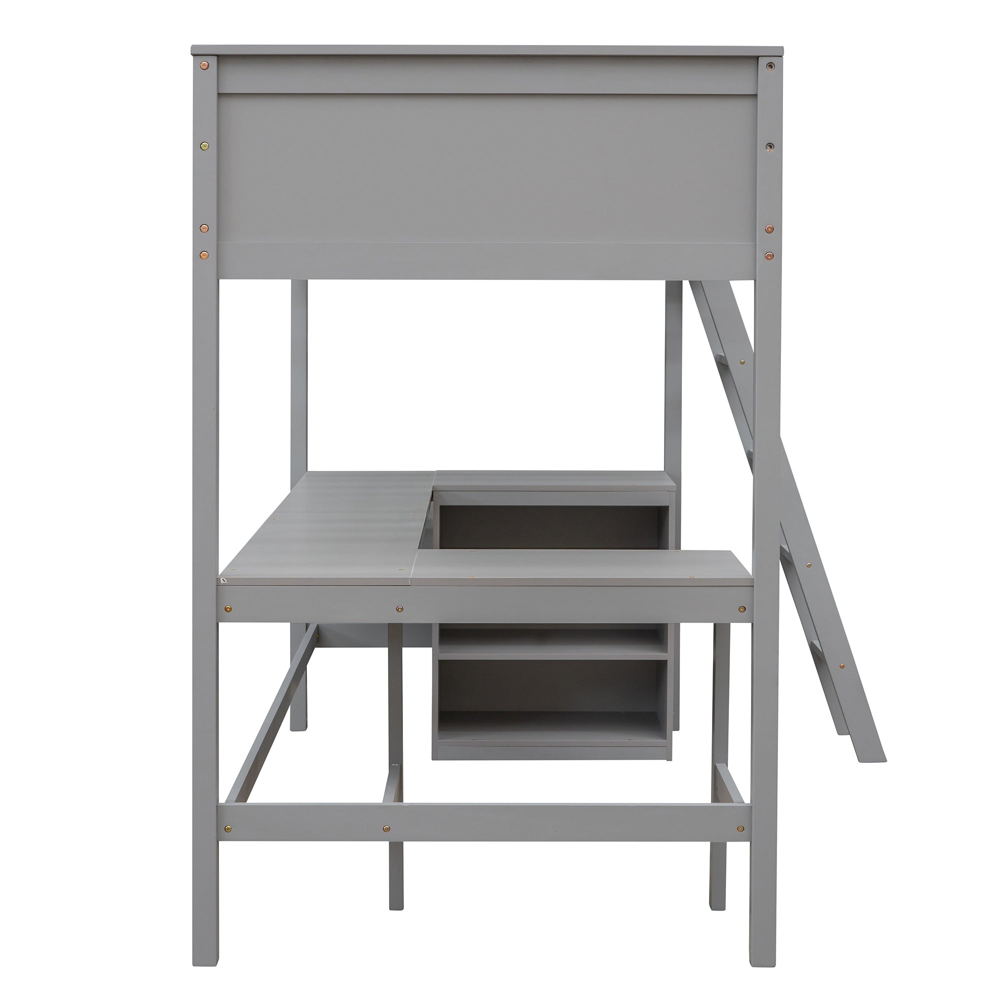 Twin size Loft Bed with Shelves and Desk, Wooden Loft Bed with Desk - Gray(OLD SKU:LT000537AAE) - Atlantic Fine Furniture Melbourne FL