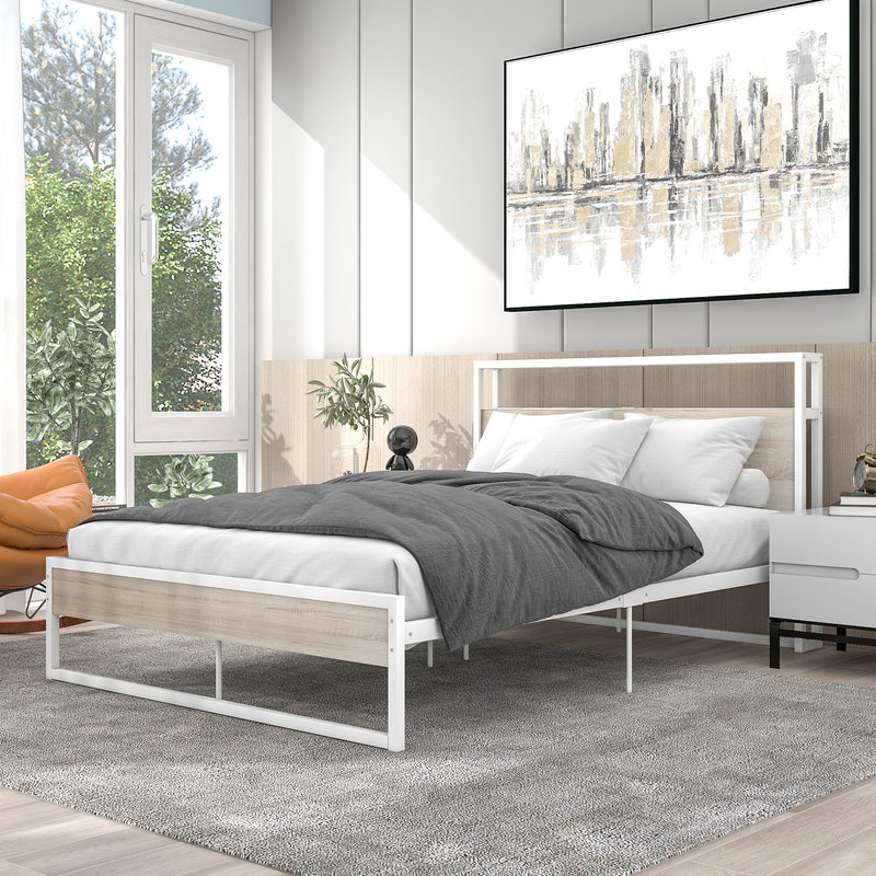 Full Size Metal Platform Bed Frame with Sockets, USB Ports and Slat Support ,No Box Spring Needed White