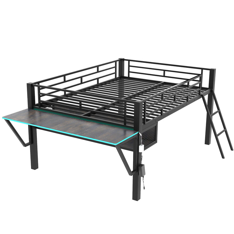 Modern Gaming Mid Loft Bed With Desk And LED Lights