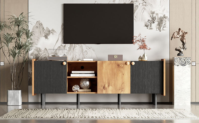 Mid Century TV Stand & 3 Cabinets, Media Console Table For Tvs Up To 70'', Entertainment Center With Storage For Living Room - Black / Brown