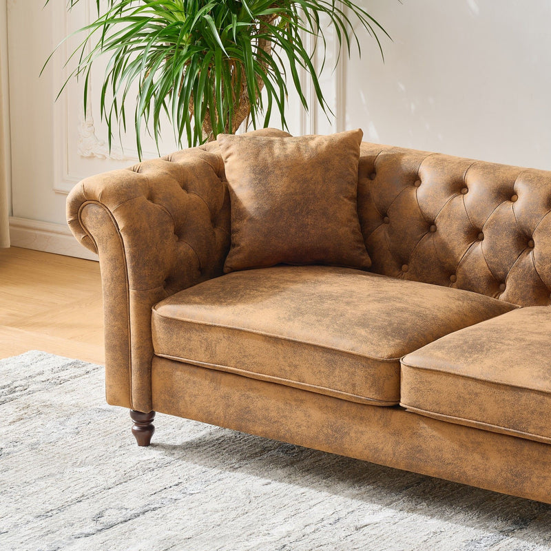 Chesterfield Sofa, High Roll Armrest Sofa, Upholstered Mid Century Modern Couch, 3 Seater Couch - Brown