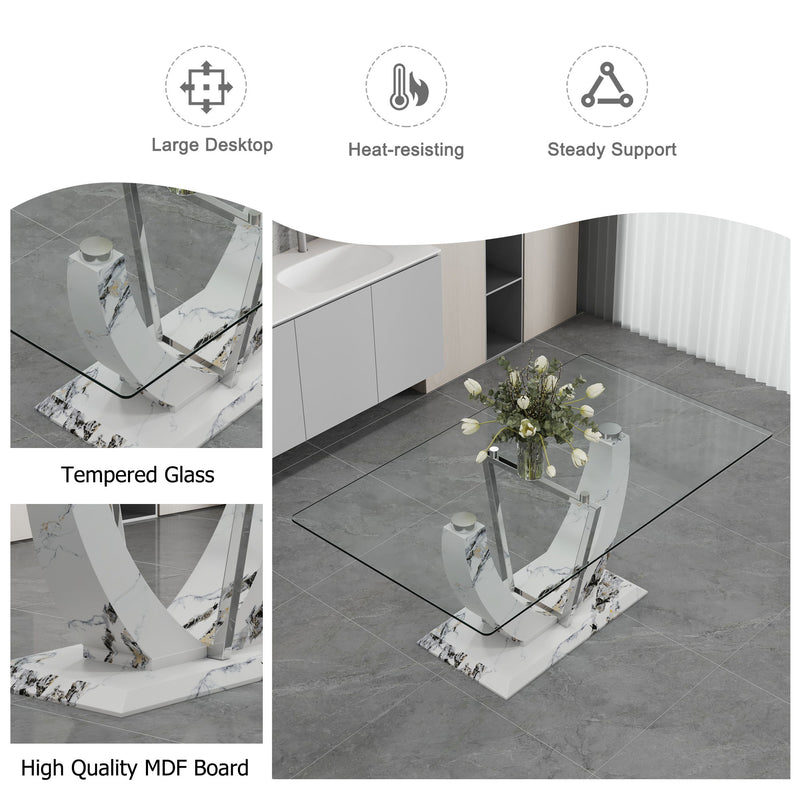 Table And Chair Set, Large Modern Rectangular Glass Table, Can Accommodate 6-8 People, Equipped With A 0.39" Tempered Glass Tabletop And MDF Table Legs.Paired With Comfortable And Soft Chairs - White / Pearl Silver