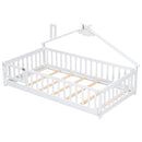 Twin House-Shaped Bedside Floor Bed with Guardrails, Slats, with Door,White