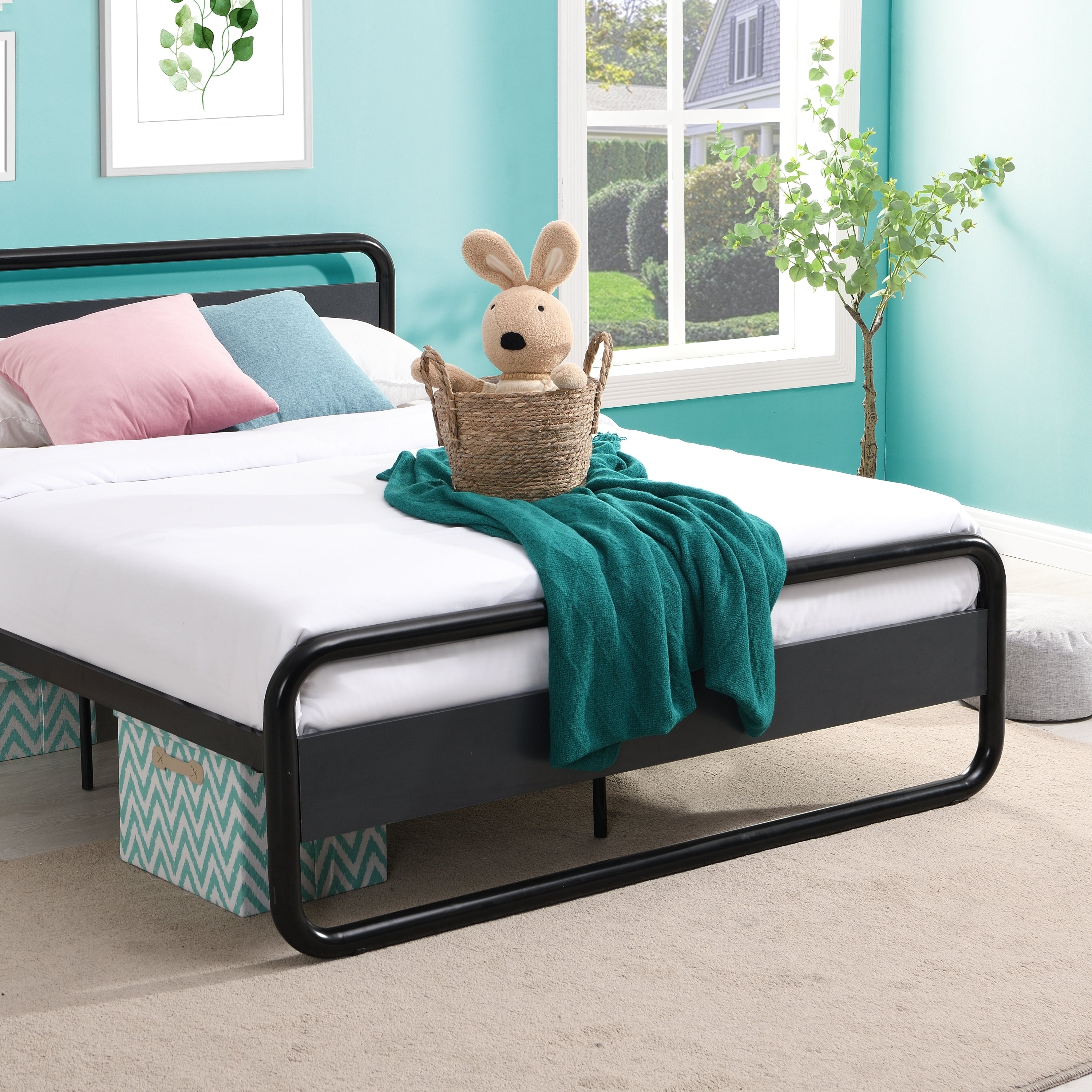 Industrial Platform Queen Bed Frame/Mattress Foundation with Rustic Headboard and Footboard, Strong Steel Slat Support, No Box Spring Needed, Noise Free, Easy Assembly - Atlantic Fine Furniture Melbourne FL