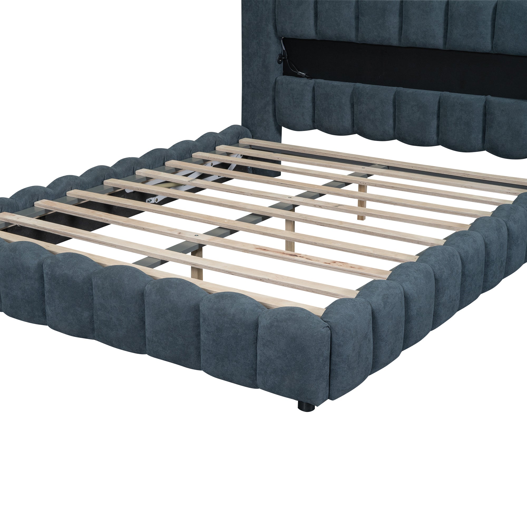 Queen Size Upholstered Platform Bed with LED Headboard and USB, Deep Blue - Atlantic Fine Furniture Melbourne FL