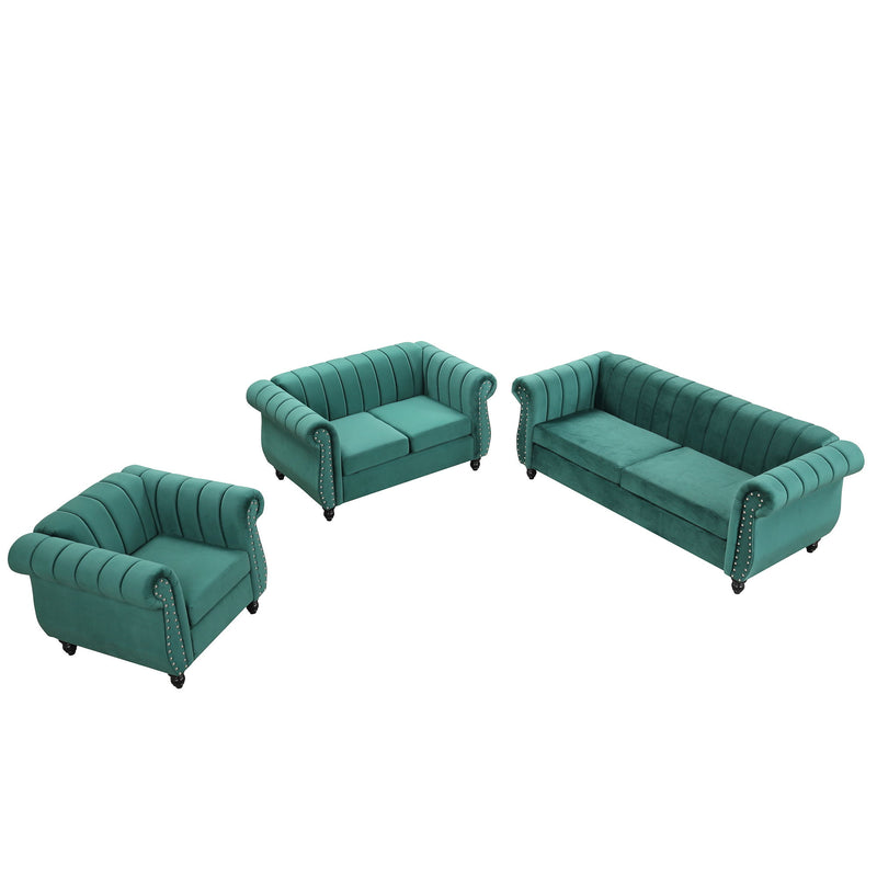 Modern Three Piece Sofa Set With Solid Wood Legs, Buttoned Tufted Backrest - Frosted Velvet Upholstered Sofa Set Including Three Seater Sofa, Double Seater And Living Room Furniture Set Single Chair