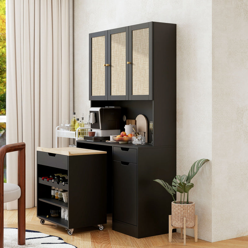 Kitchen Pantry Storage Cabinet, Modern Buffet Cabinet With Kitchen Cart, Tall Kitchen Hutch Cabinet With Microwave Stand, Food Pantry Cabinet With 3 Rattan Doors And Adjustable Shelves - Black