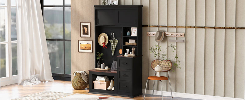 Modern Wide Hall Tree With Coat Rack, 3 Shelves And Drawers, 3 Sturdy Hooks