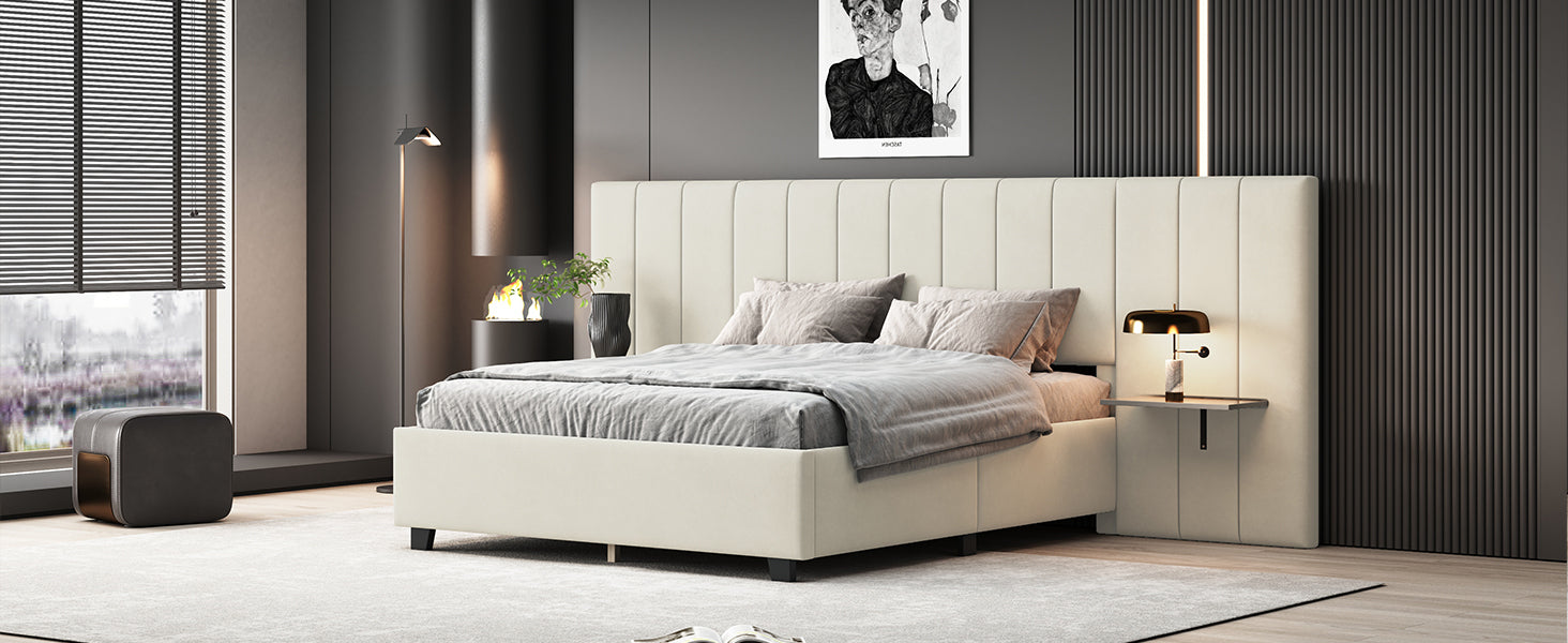 Queen Size Upholstered Platform Bed with Big Headboard, Bedroom Furniture, Velvet, Beige - Atlantic Fine Furniture Melbourne FL