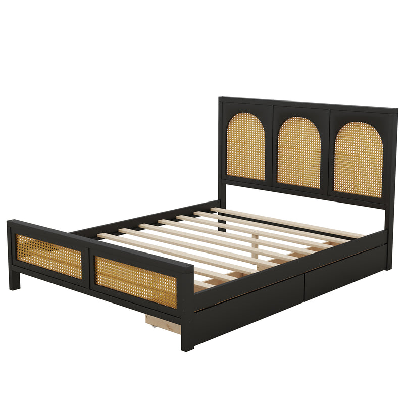 Full Size Wood Storage Platform Bed with 2 Drawers, Rattan Headboard and Footboard, Black