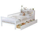 Bed With Headboard Storage Rack, 2 Under Bed Drawers, 3 Side Guardrails For Safety