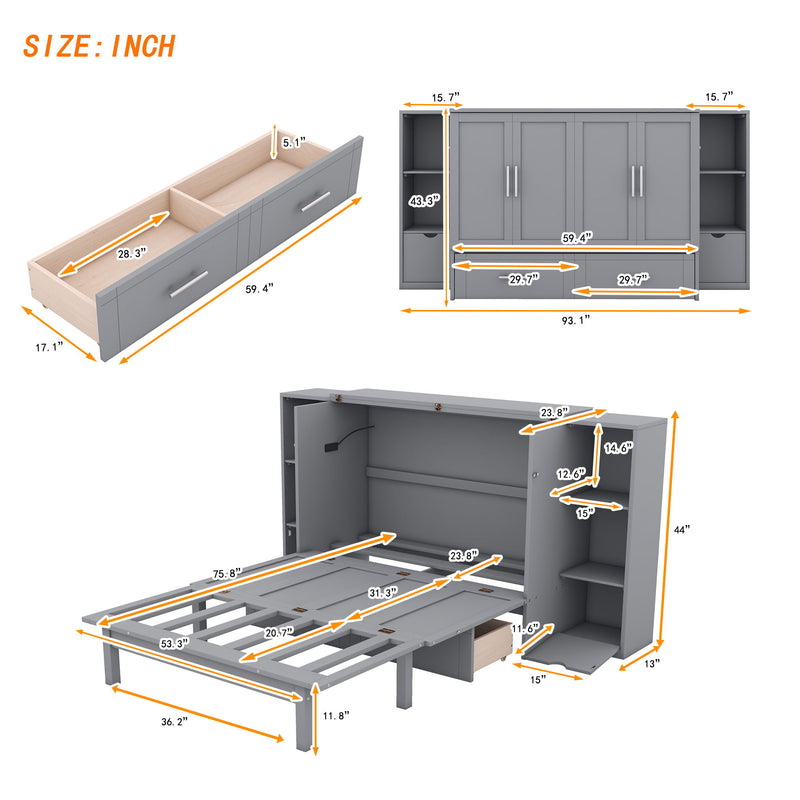 Murphy Bed With Shelves, Drawers And USB Ports