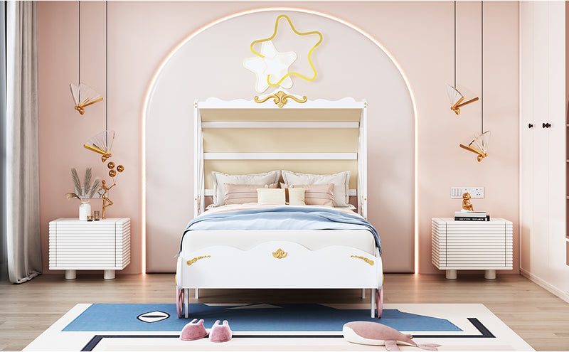 Twin Size Princess Carriage Bed with Canopy, Wood Platform Car Bed with 3D Carving Pattern, White+Pink+Gold