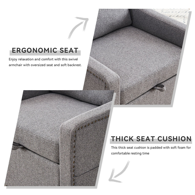 Linen Fabric 360° Swivel Accent Chair With Upholstered Back Pillow And Rivet Armrest